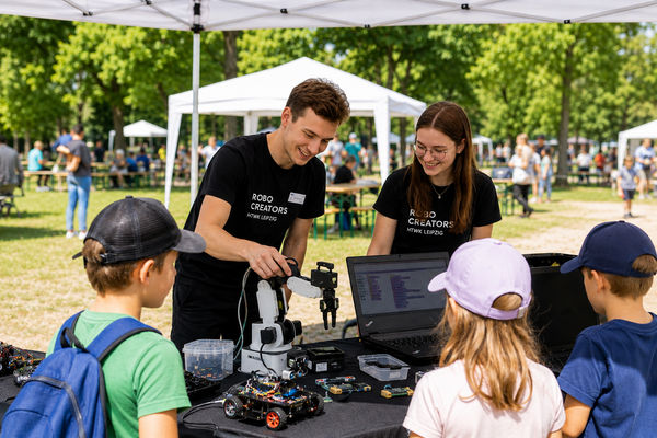 Kinder schauen zu, wie zwei Studierende am Stand mit einem Robotikarm etwas zeigen