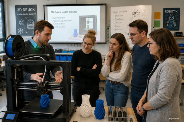 fünf Personen stehen in Seminarraum, im Vordergrund 3D-Drucker, auf dem Tisch 3D-gedruckte Modelle, man diskutiert miteinander